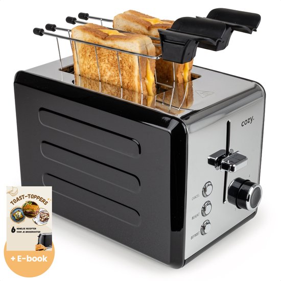 cozy.® Metalen Broodrooster met Tostiklemmen - Tosti Apparaat 815W - Retro Tosti Ijzer & Toaster - Brede Sleuven & 6 Standen - Ontdooi & Verwarm functie - Inclusief E-book - Broodrooster Zwart