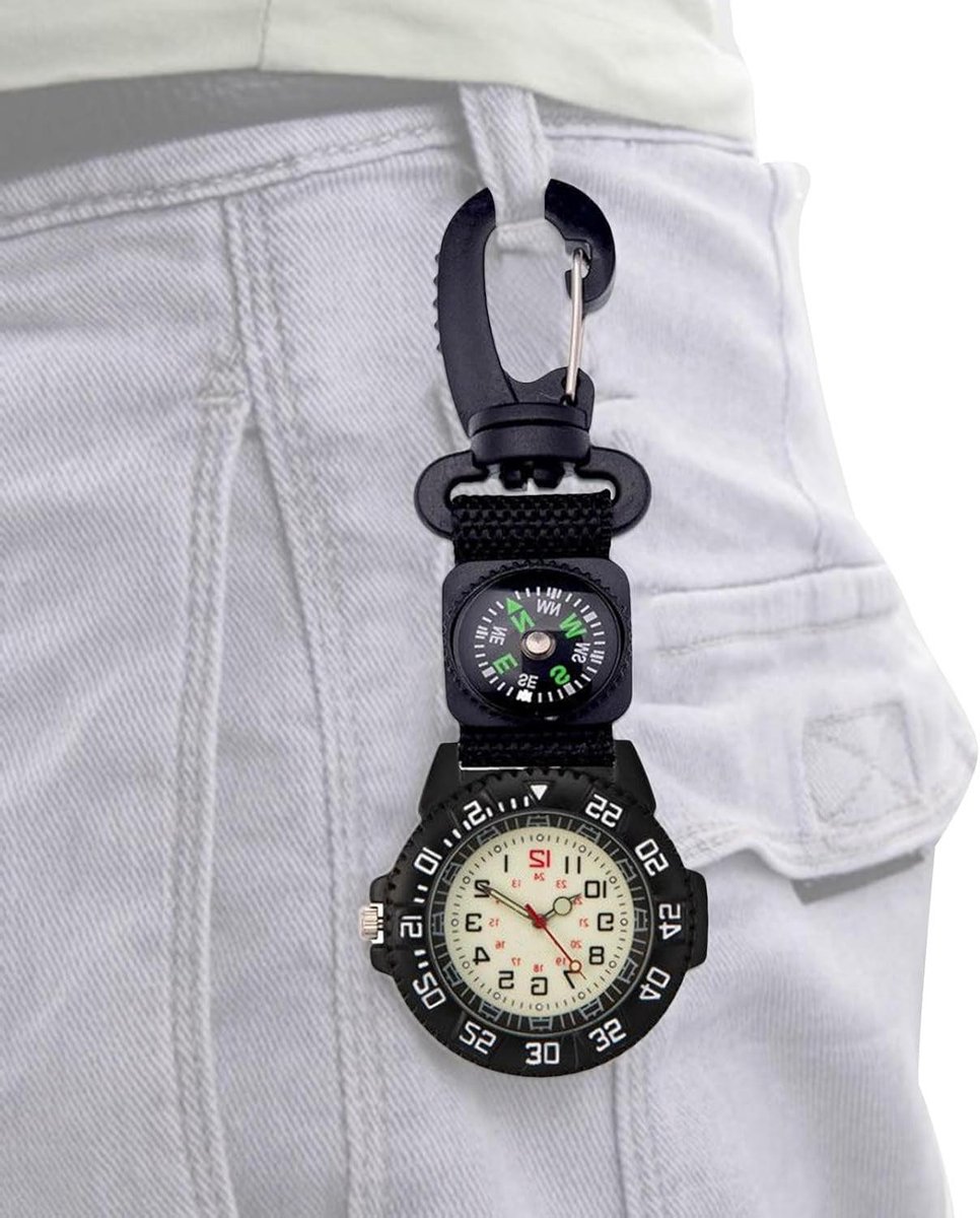 Karabijnhaak Horloge - Survival Gereedschap - Outdoor Avontuur - In Het Donker Oplichtend - 4.2 cm Diameter - Zwart