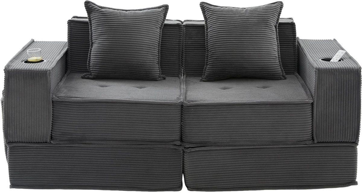 Merax 2-Zits Slaapbank van Ribstof - Modulaire Loungesofa met Opbergtas - Bekerhouders & Voetenbank - Uitklapbare Sofa voor Woonkamer en Speelhoek - Donkergrijs