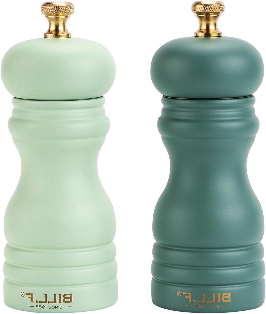 Set van 2 Houten Pepermolens en Zoutmolens, Handmatige en Navulbare Molens met Verstelbare Keramische Maalmechanisme, 13,5 cm, Groene Kleur