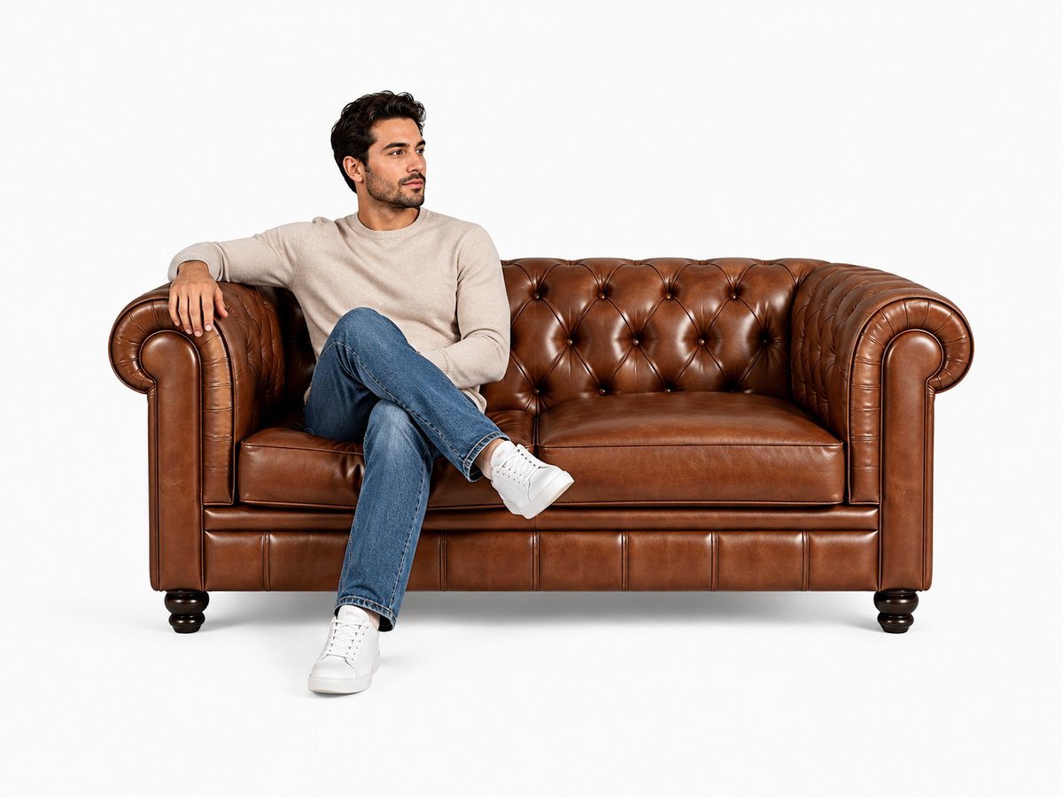 Bank Chesterfield - 2 Zits - Camel Bruin Leer - Sofa - Bankstel