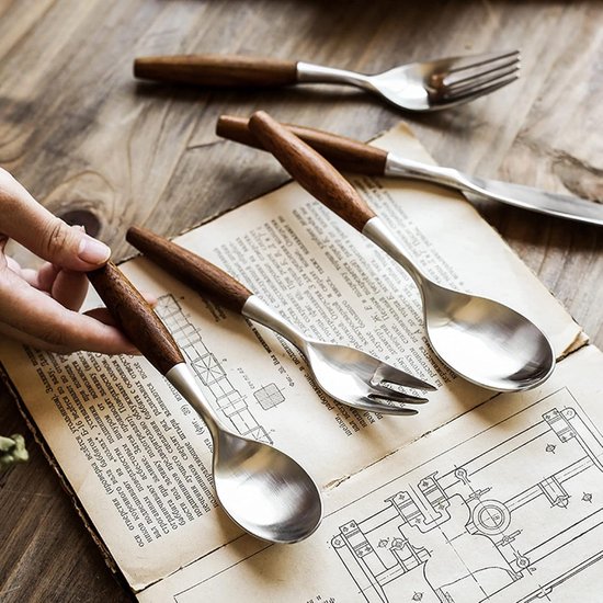 Bestekset Houten Handvat - Roestvrij Staal - Picknick Kamperen - Set van 5 - 500 Gram - Zilver — afbeelding 2