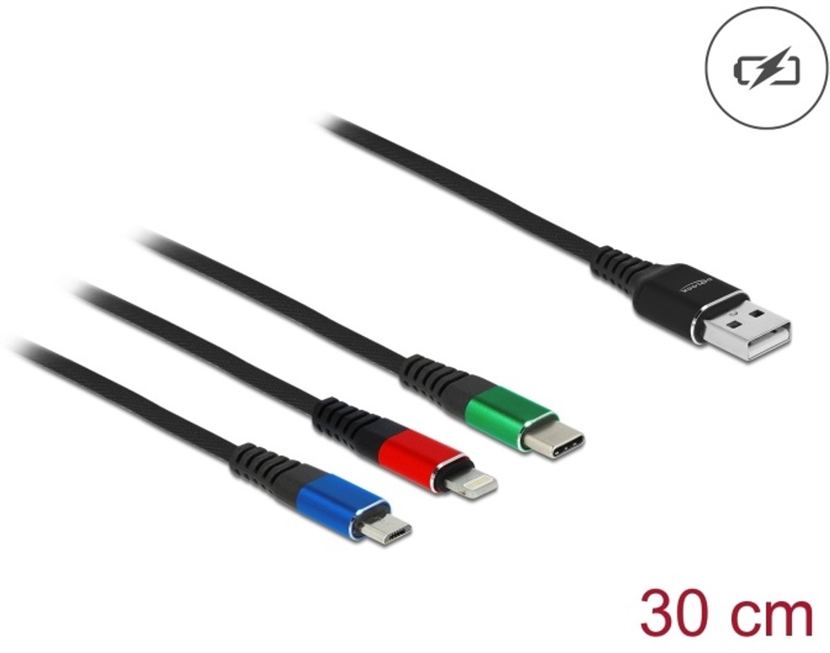 USB oplaadkabel 3 in 1 Type A tot Lightning / micro USB / USB Type C 30 cm 3 gekleurd