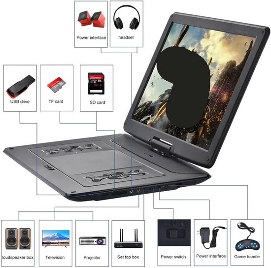 Draagbare dvd-speler - Cd-speler - Films Kijken - Groot HD scherm - 1.8 kg - Zwart — afbeelding 3