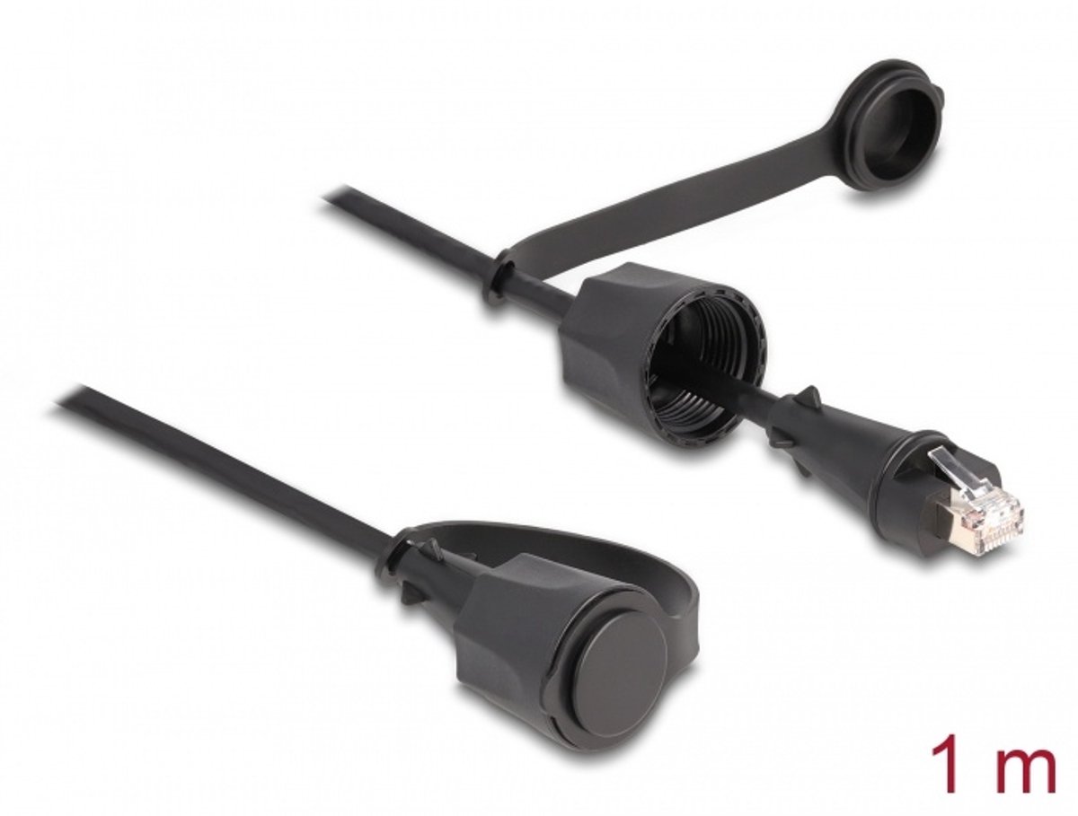 Image of Delock Network Cable RJ45 plug to RJ45 plug Cat.6 STP with protective cap outdoor IP68 dust- and waterproof black 1 m