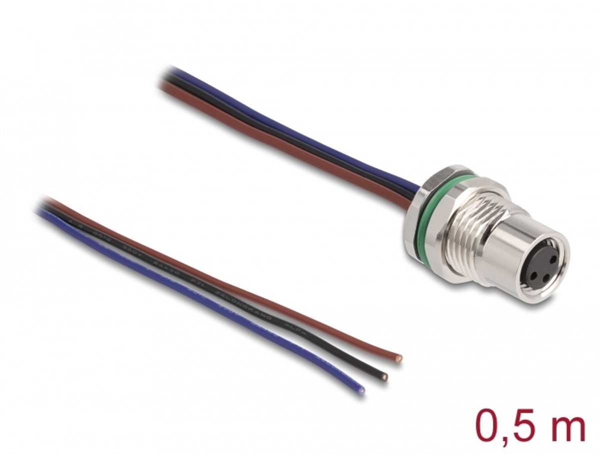 Delock M8 panel-mount cable A-coded 3 pin female for panel with open cable ends front mounting 0.5 m