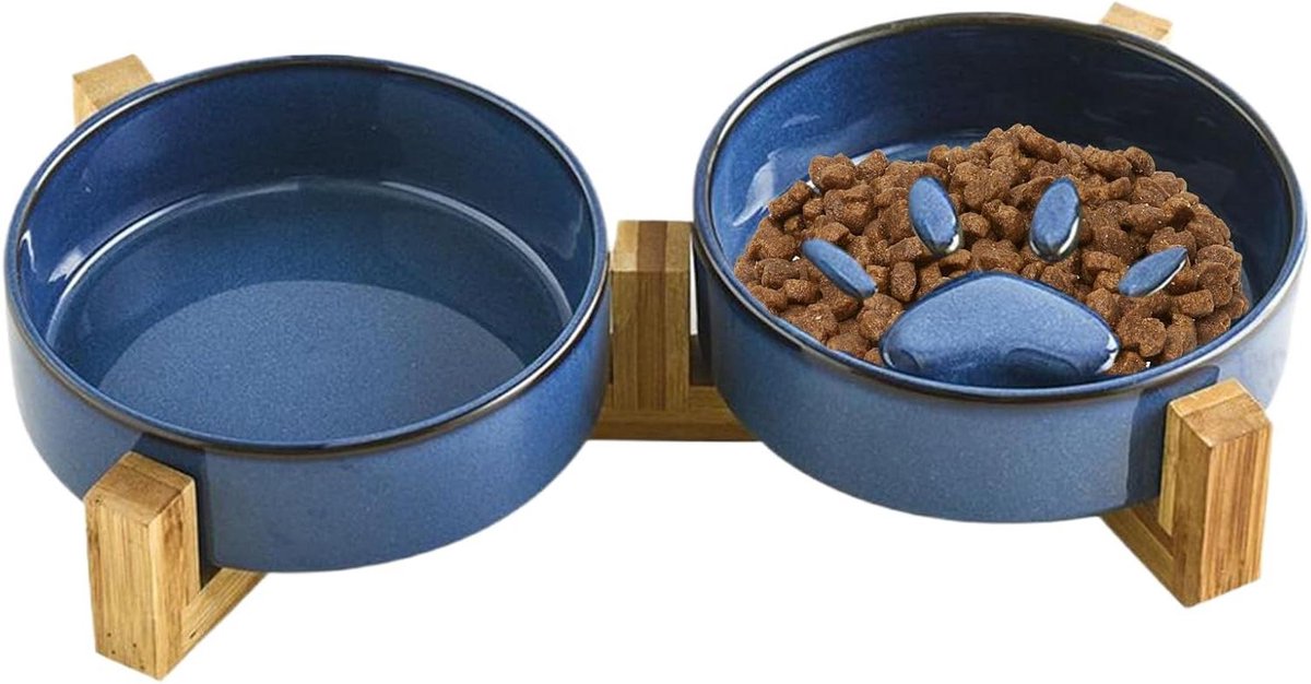 Keramische Voerbak - Hondenbak Langzaam - Gezonde Spijsvertering - Met Houten Standaard - 415 x 143 x 24 cm - Blauw