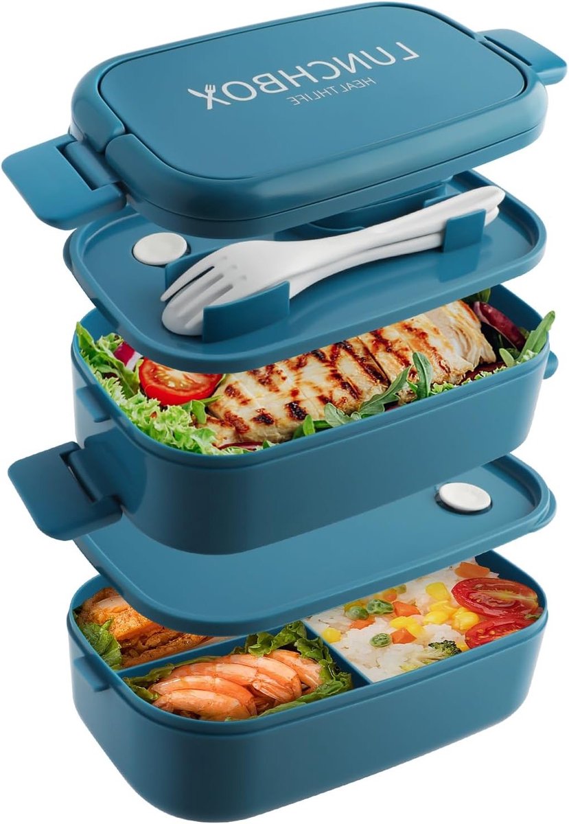 Stapellunchbox 1400 ml met 4 Compartimenten en Bestek, Lekvrij, 2-Laags, Geschikt voor Volwassenen en Kinderen, Ideaal voor Werk en Magnetrongebruik