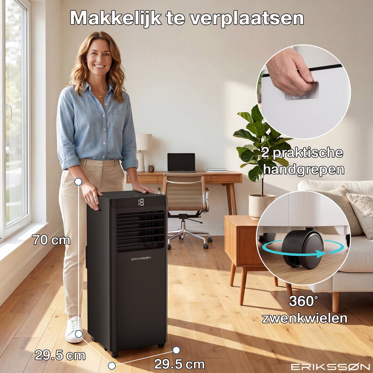 Erikssøn Mobiele Airco - 10.000 BTU - Incl. Raamafdichtingskit - Tot 30m² - 4-in-1 - Airconditioning - Ventilator - Ontvochtiger - Zwart — afbeelding 11