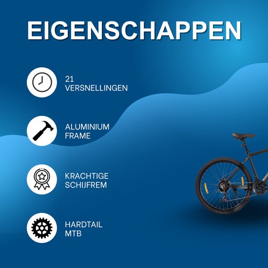 Mountainbike - Voor heren en dames - Hardtail, 21 versnellingen, schijfremmen - 66 cm / 70 cm wielen, zwart, aluminium frame — afbeelding 2