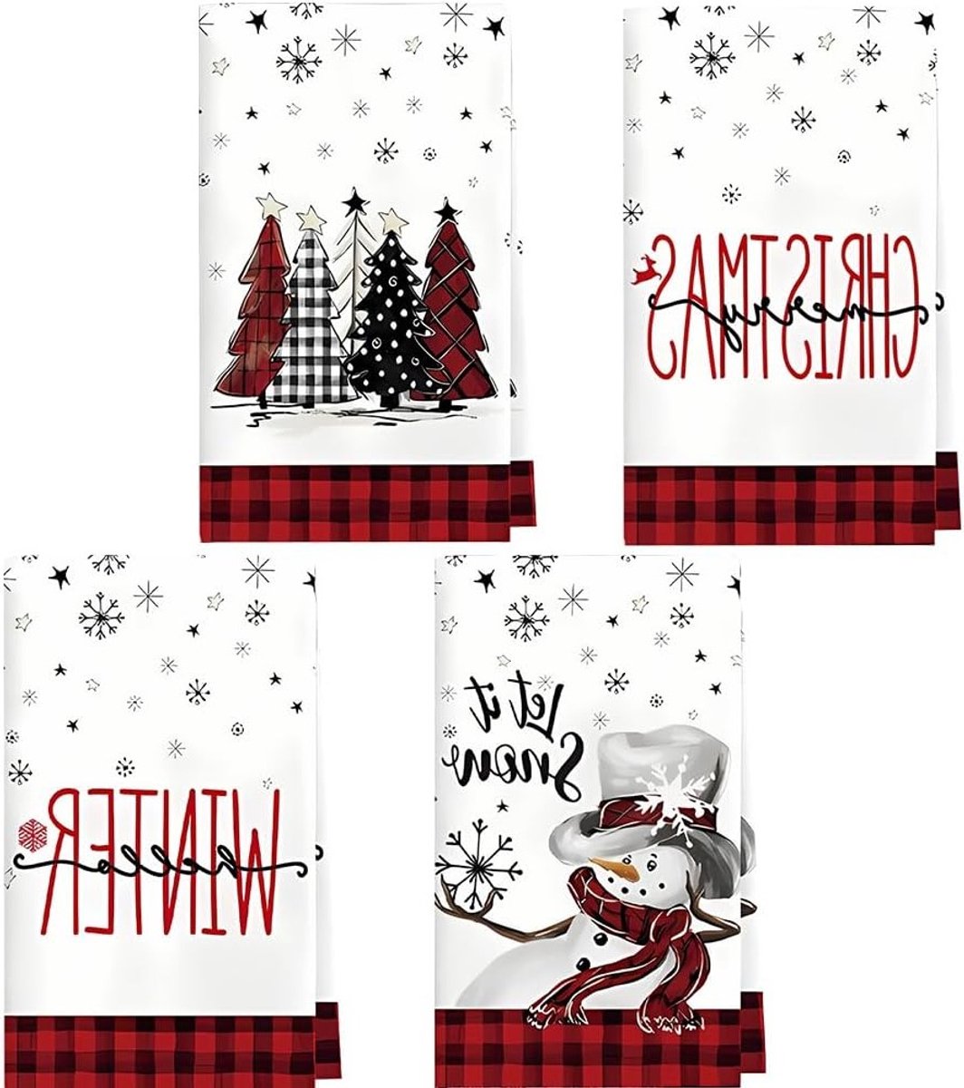 Winterse Keukenhanddoeken met Sneeuwpop en Bomen, 40 x 60 cm, Polyester Set voor Kerstdecoratie en Keukengebruik