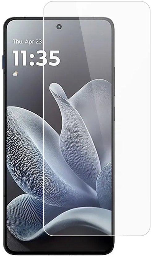 Smartphone met gebloemd behang, tijd 11:35 en datum Thu, Apr 23, met transparante screenprotector ernaast.