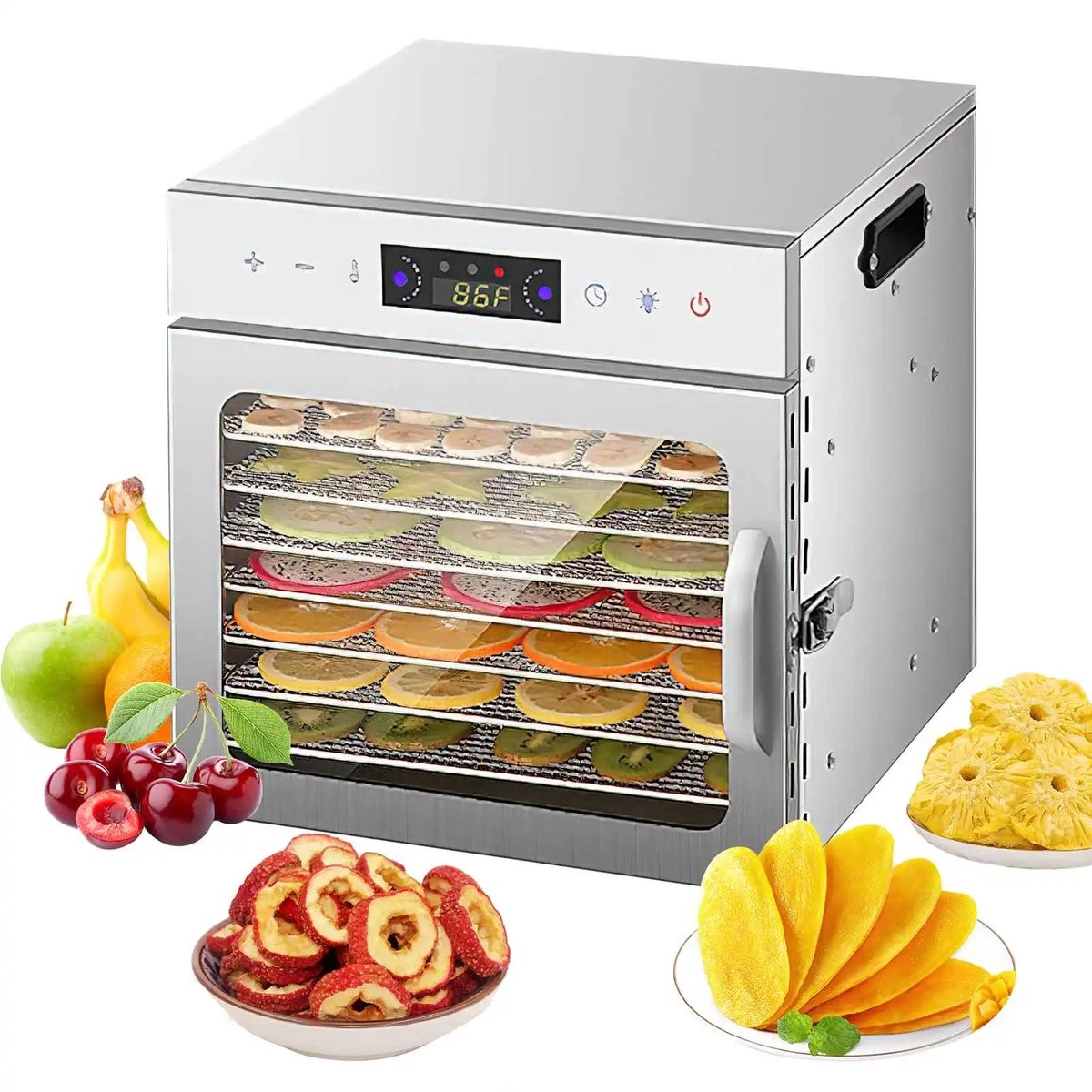 Elektrische Voedseldroger 8 Lagen Roestvrij Staal - Dehydrator Fruitdroger Vleesdroger Snackmaker - 400W Digitale Timer 24 Uur - Temperatuurregeling 35 tot 90 Graden - LED Bedieningspaneel - Geschikt voor Fruit Groente Vlees Jerky