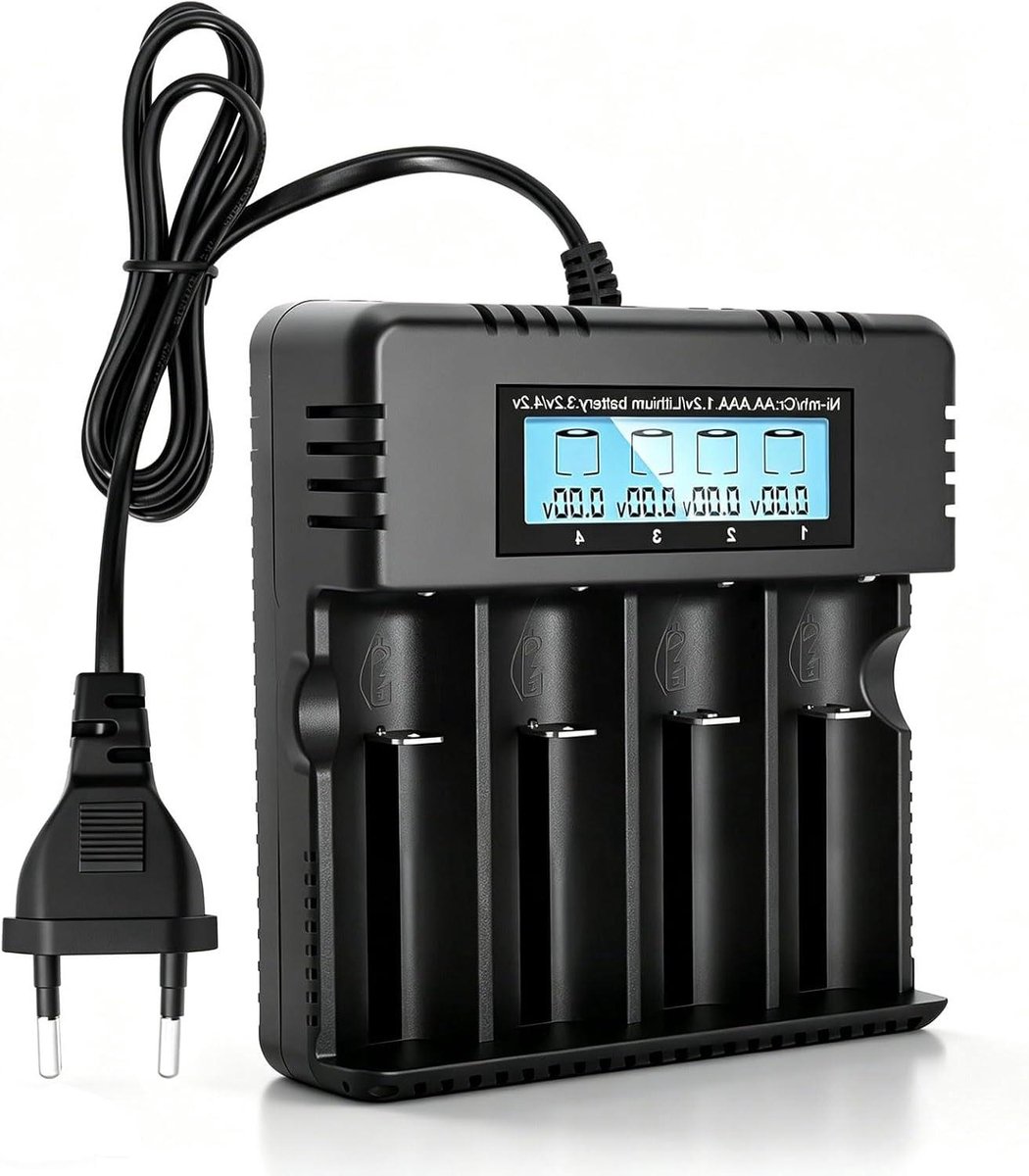 Acculader met display - Batterijlader - Batterijen opladen - 4 onafhankelijke sleuven - 3.7V - Zwart