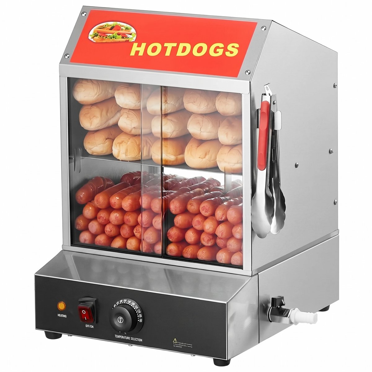 Elektrische Hotdog Stomer met 2 Planken - RVS Broodjeswarmer Stoomvitrine Warmhoudkast - 27 Liter Inhoud - Temperatuurregeling 30 tot 85 Graden - Gehard Glas Schuifdeuren - Ideaal voor Horeca Snackbar Bioscoop Cafetaria