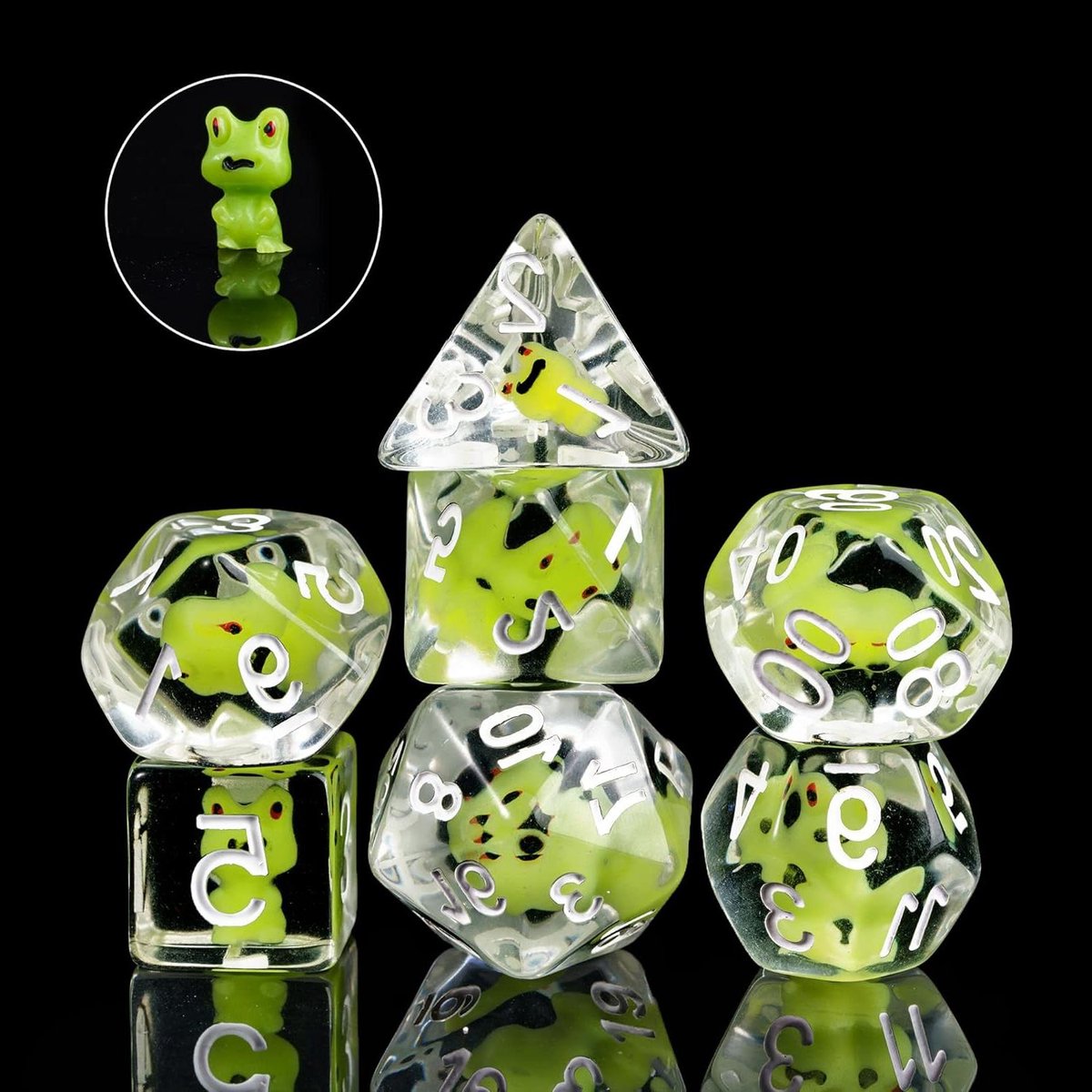 Veelvlaks Dobbelstenen - RPG Set - Spelavonturen - Schattig Dier Thema - 9 x 12 mm - Groene Kikker