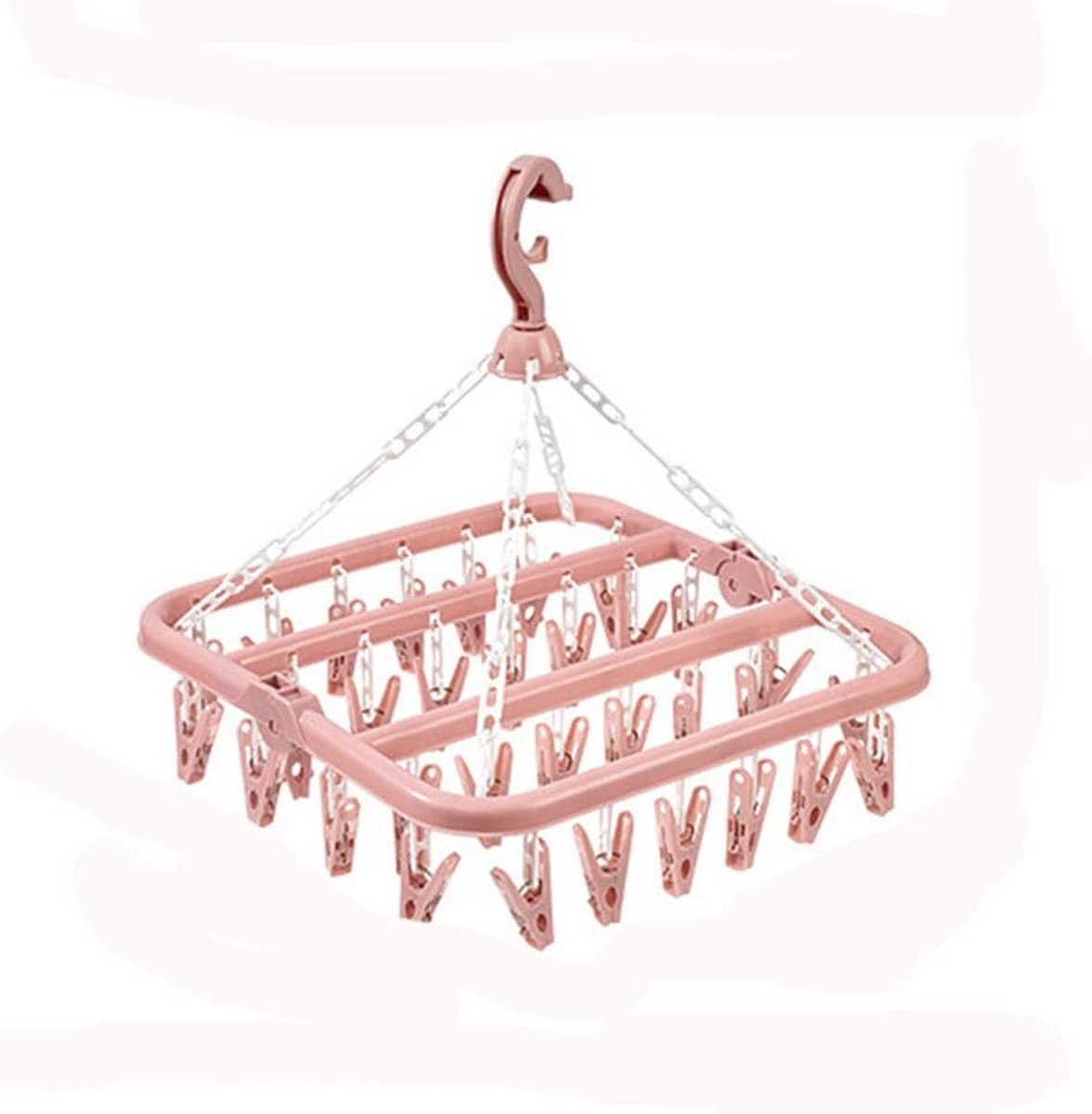 Oneay Opvouwbaar kledingrek (lichtroze), 32 clips, multifunctioneel plastic kledingrek voor hotels, sokkendroogclips voor thuisgebruik.