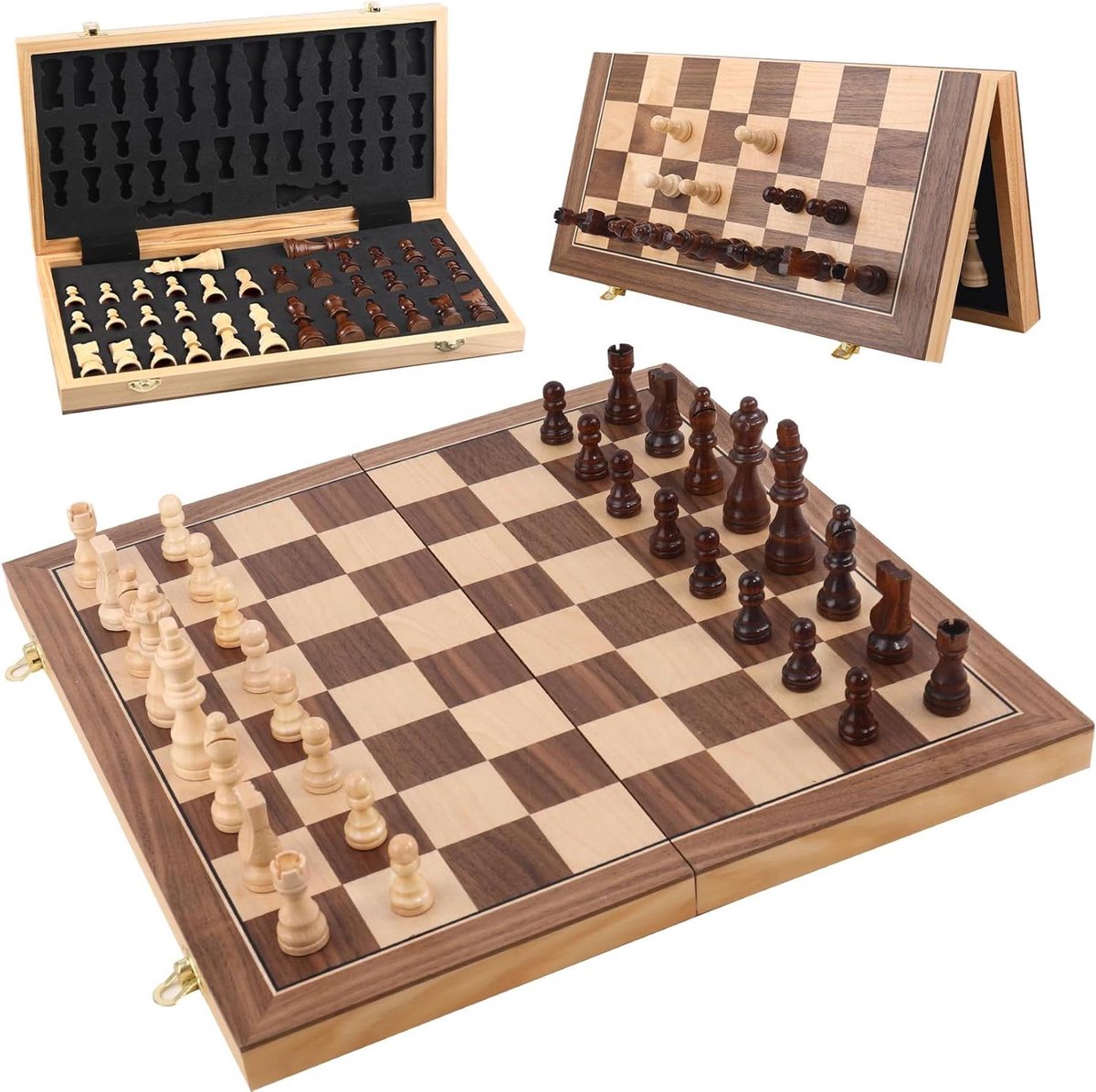 Houten Schaakset - Vouwbaar Bord - Strategie Spel - Magnetische Stukken - 15 Inch - Natuurhout