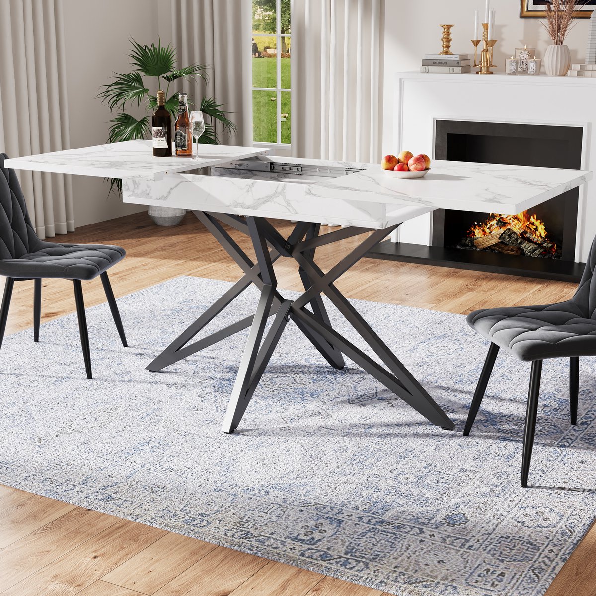 Uitschuifbare Eettafel - Eettafelset (eettafel van 120/160 × 68 cm met 4 stoelen), Moderne Keukeneettafelset, Eetstoelen, Donkergrijze Keukenstoelen van Fluweel met Diagonaal Patroon, Zwarte Tafelpoten-Wit