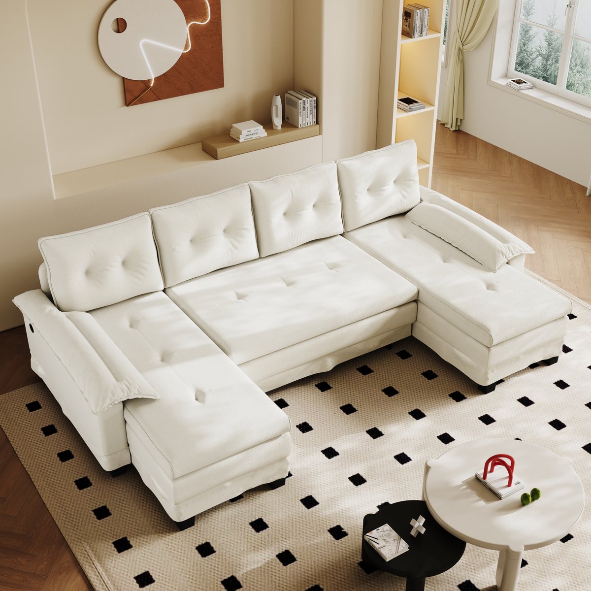 MODFU - U-Vormige Slaapbank - Uitschuifbaar Met USB-Oplaadfunctie - Modern - Voor Woonkamer - Chenille - Beige - 278 x 127 x 87 cm