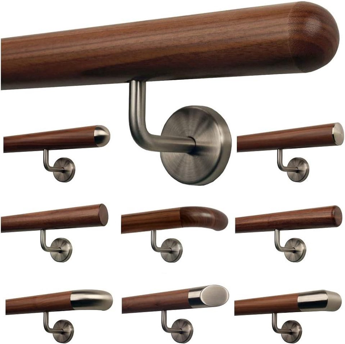 TIBU Ami walnoot leuning trapleuning houten handvat schuine roestvrijstalen houder, lengte 30-500 cm - variant: 110 cm met 2 houders en einde halve bol gefreesd