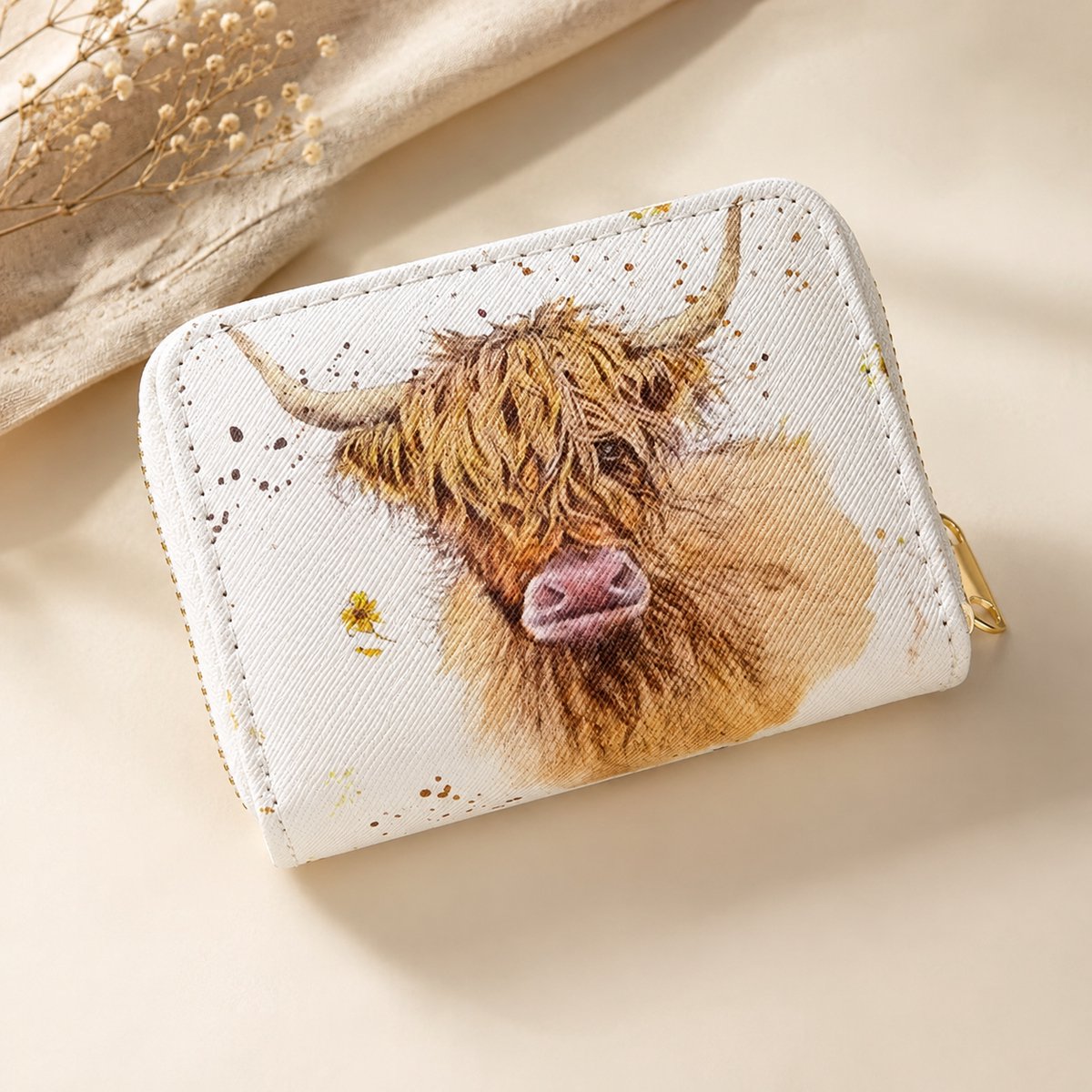 Dames Portemonnee met Highland Cow Print – Compacte Ritssluiting Kaarthouder