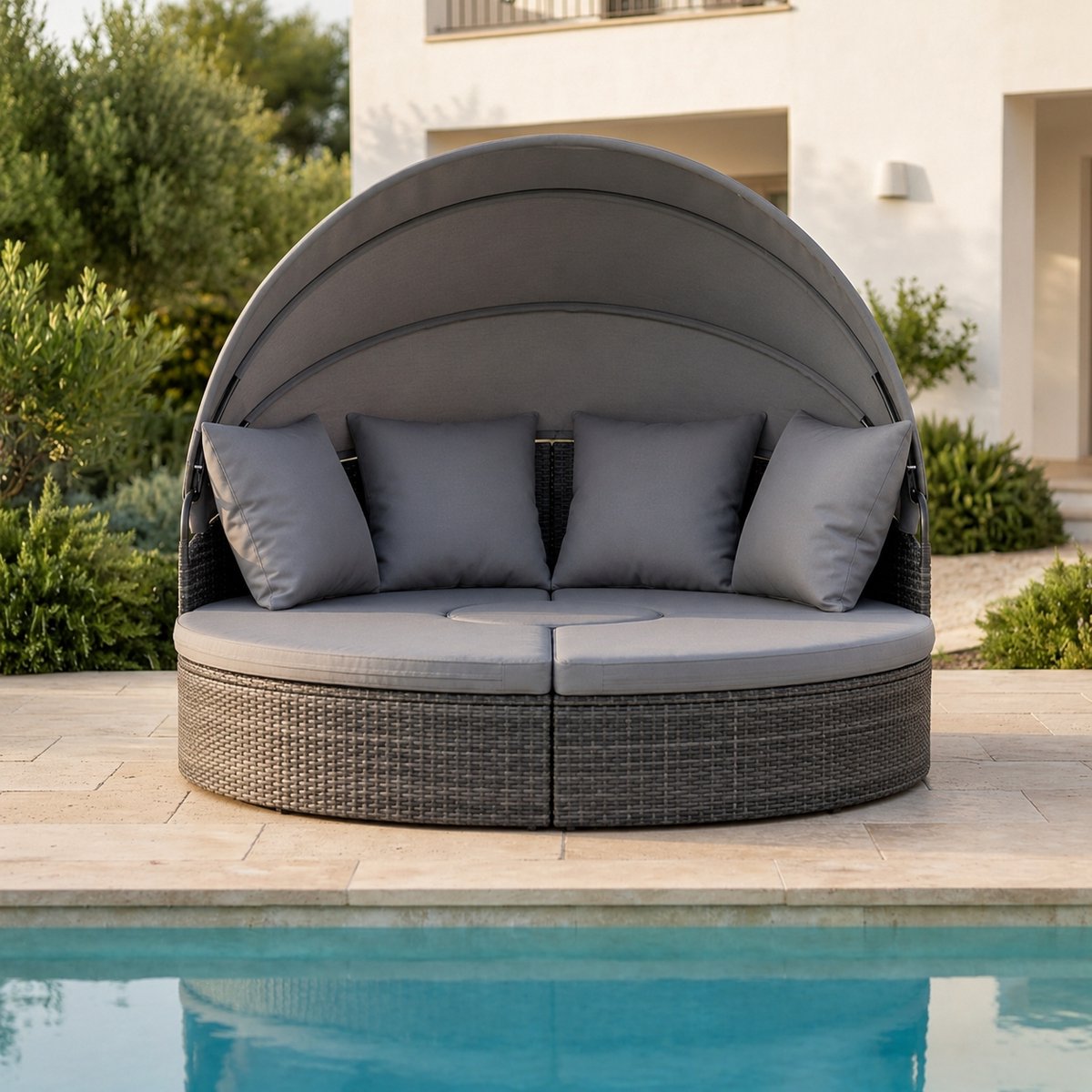 Luxe Rattan Zonne-eiland – Groot Rotan Zonnebed met Opvouwbaar Zonnedak, Modulaire Tuin Lounge Set met 4 Kussens, Weerbestendig PE-rotan, 2-3 Persoons Ligbed voor Tuin, Terras, Balkon en Zwembad Industrohome
