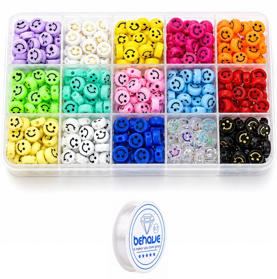 Boîte de rangement à 15 compartiments, remplie de 375 perles smiley en 15 couleurs, et un rouleau de fil de perlage.