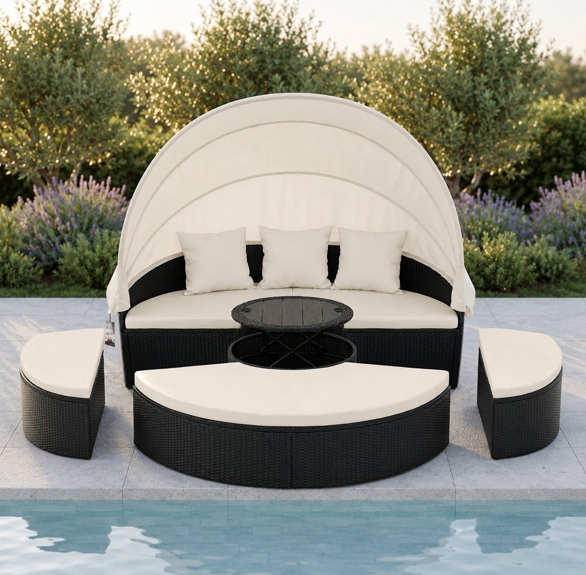 Luxe Rotan Zonne-eiland Ø185cm – Rond Polyrattan Lounge Ligbed voor Tuin & Terras – 2-3 Persoons Zonnebed met Opklapbaar Zonnedak, WPC Inklapbare Tafel, Opbergruimte, 7cm Kussens, Crème/Zwart – Premium Outdoor Tuinmeubel Set Industrohome
