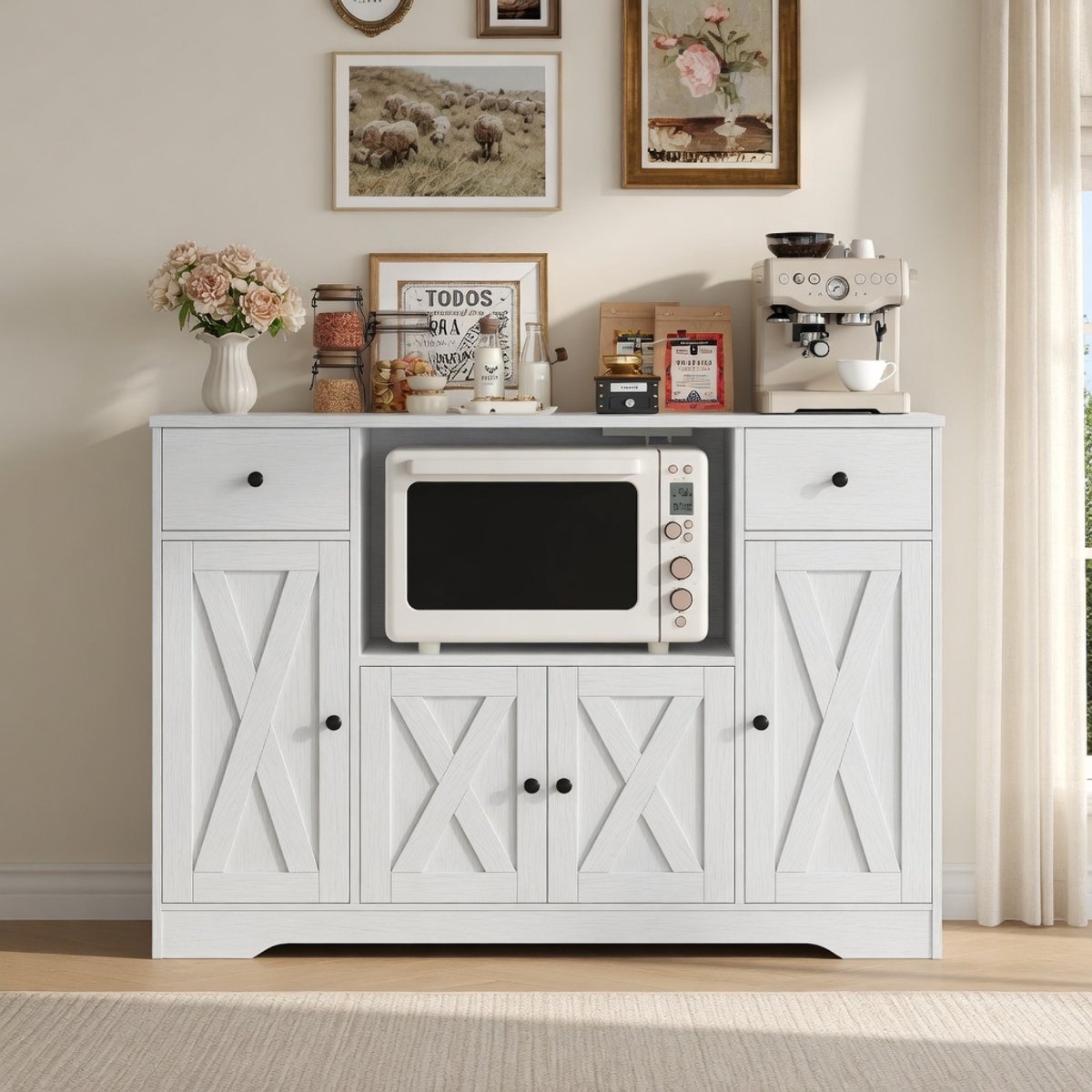 Luxe Keukendressoir met Stopcontacten & USB – Moderne Buffetkast met Magnetronrek, Opbergkast, Voorraadkast en Koffiebar – Wit Houten Dressoir met Verstelbare Planken en Laden – 120x40x85 cmIndustrohome
