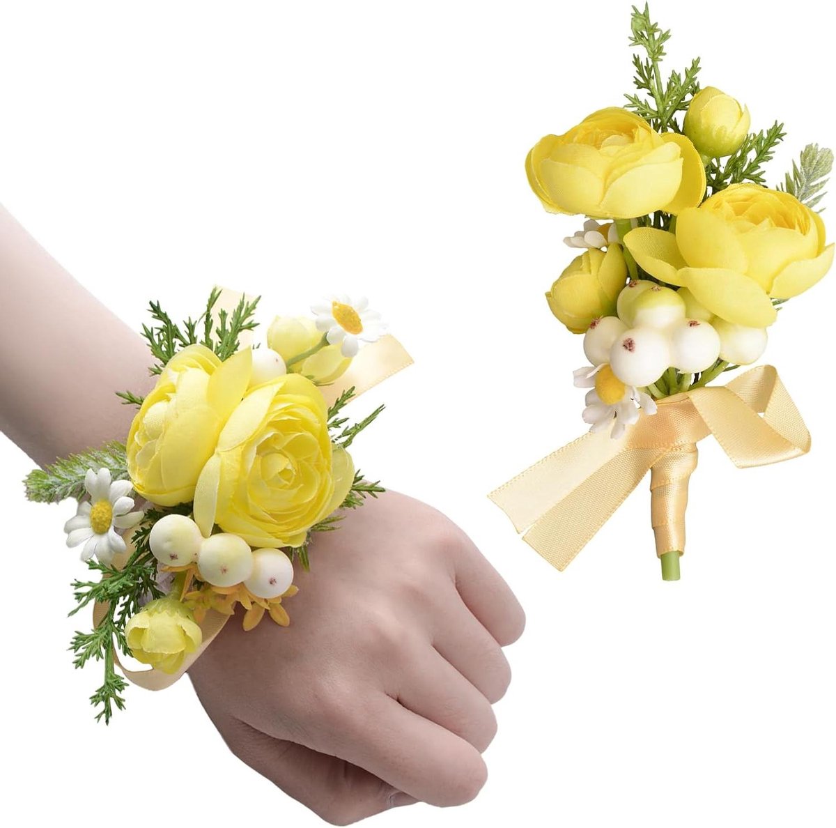 Bloem Corsage Set - Polsbloem Boutonnière - Feestelijke Aankleding - Kunstbloem Ontwerp - 11.5cm x 10cm - Lichtgeel