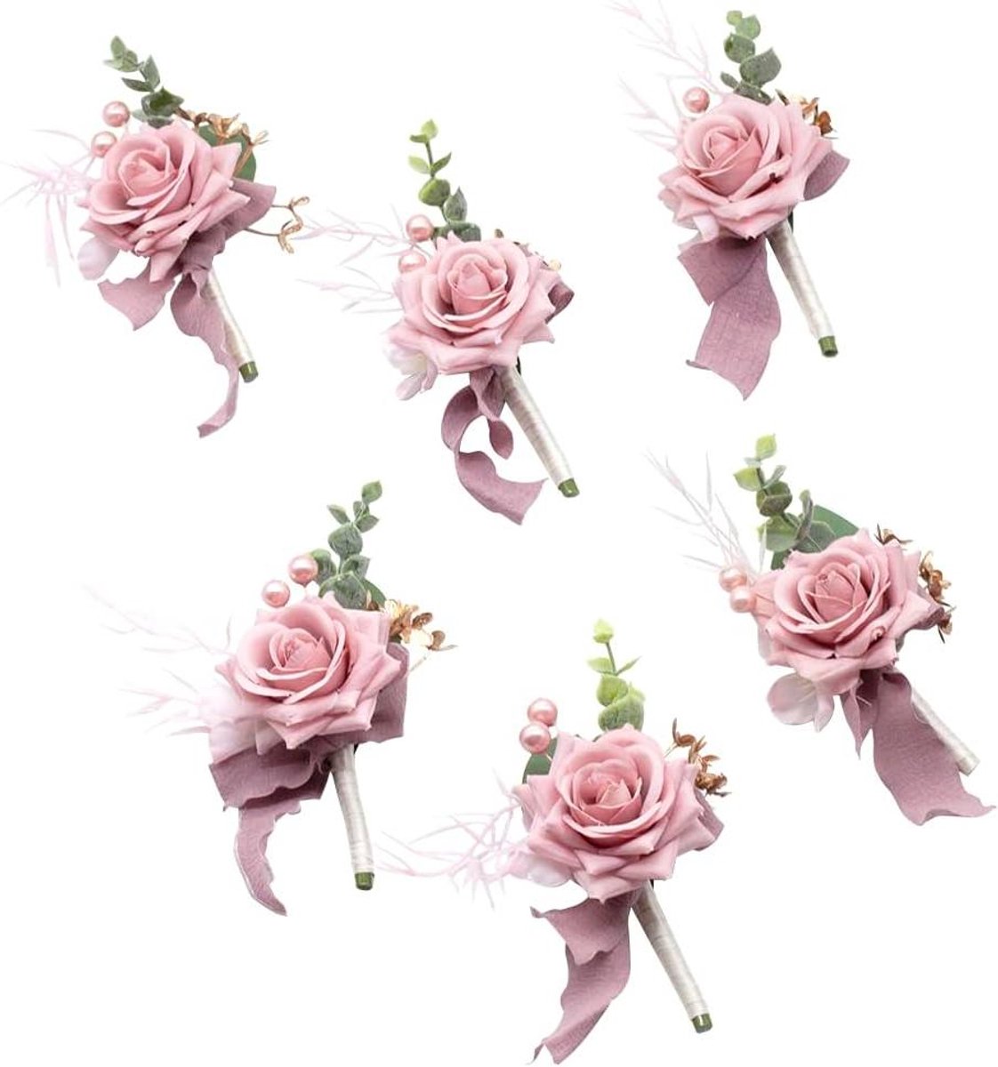 Stoffige Roze Boutonniere - Kunstbloemen Set - Feestelijke Decoratie - Handgemaakt Ontwerp - 6 Stuks - Roze