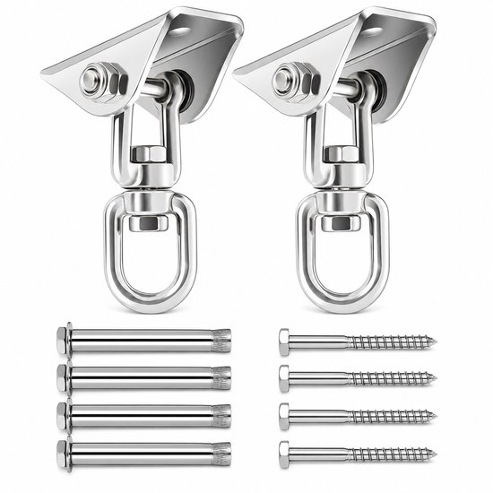 Twee zilverkleurige metalen draaihaken met bevestigingsmateriaal.