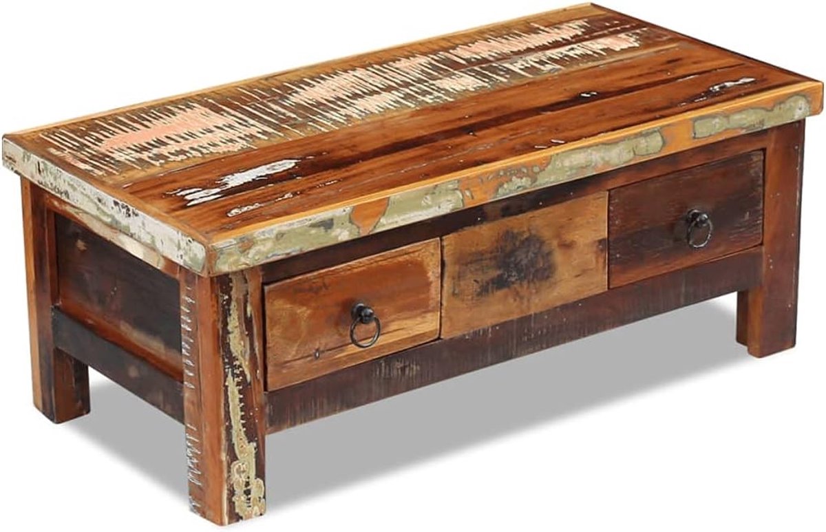 Salontafel Laden - Bijzettafel Tafel - Opbergen Woonkamer - Gerecycled Massief Hout - 90x45x35cm - Veelkleurig thumbnail 4