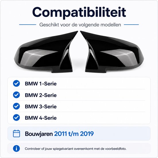 Twee hoogglans zwarte spiegelkappen, geschikt voor BMW 1, 2, 3, 4 Serie, bouwjaar 2011-2019.