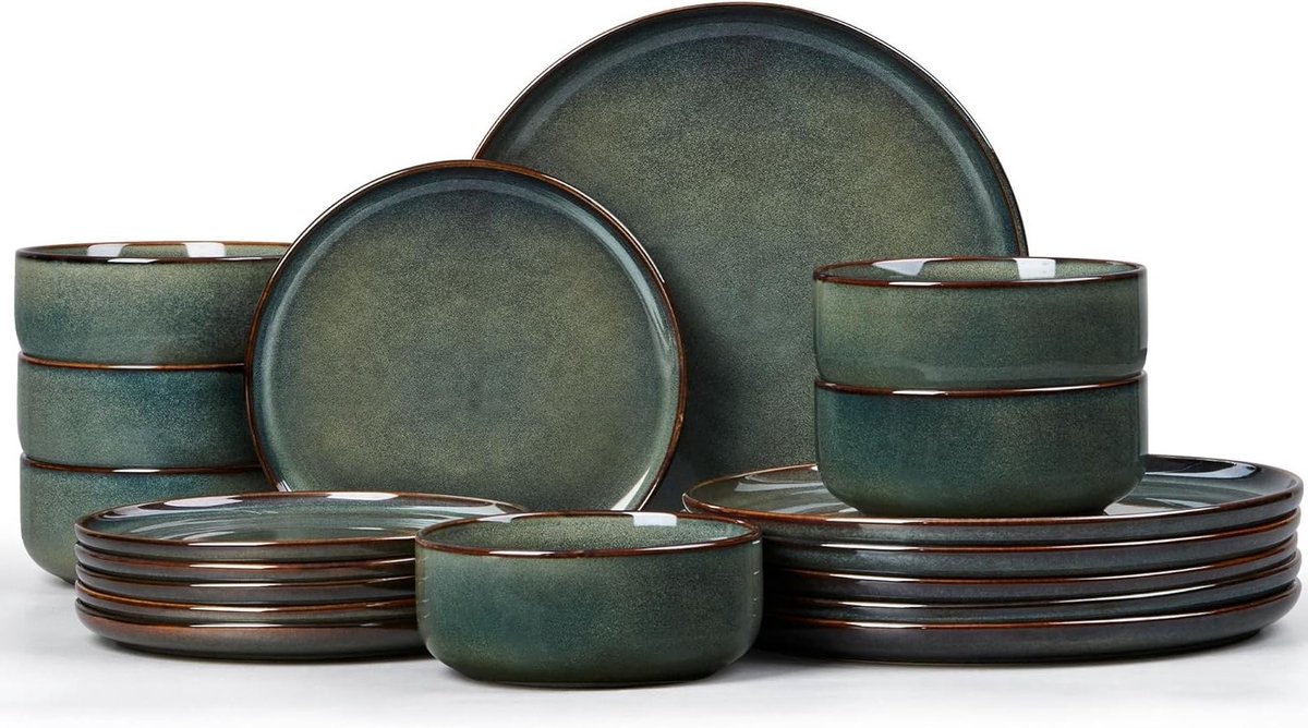 Crockery Set voor 6 Personen - 18-Delig Aardewerk Servies met Reactieve Glazuur, Geschikt voor Magnetron en Vaatwasser, Inclusief Bordenset en Kommen