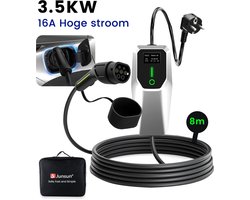 Junsun EV EU Mobiele Thuislader 3,5kW - Laadkabel Type 2- 6A/8A/10A/13A/16A 1 fase 8 meter Kabel - 230V EV-oplader met LCD Digitaal Display - Voor Elektrische Auto's