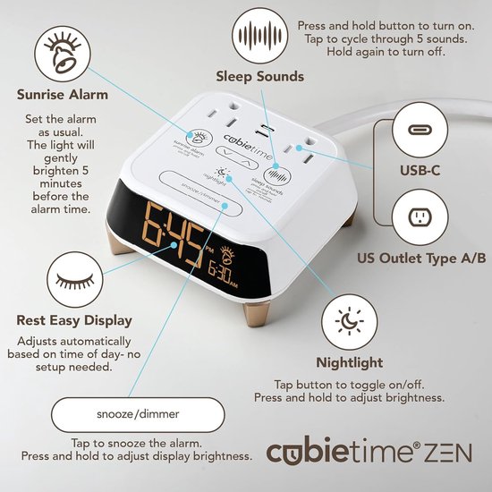 Wekker met Slaapgeluiden - Nachtlampje Oplader - Ontspannen Slapen - Zonsopgang Alarm - 2 USB-C Poorten - Wit van Merkloos — afbeelding 4
