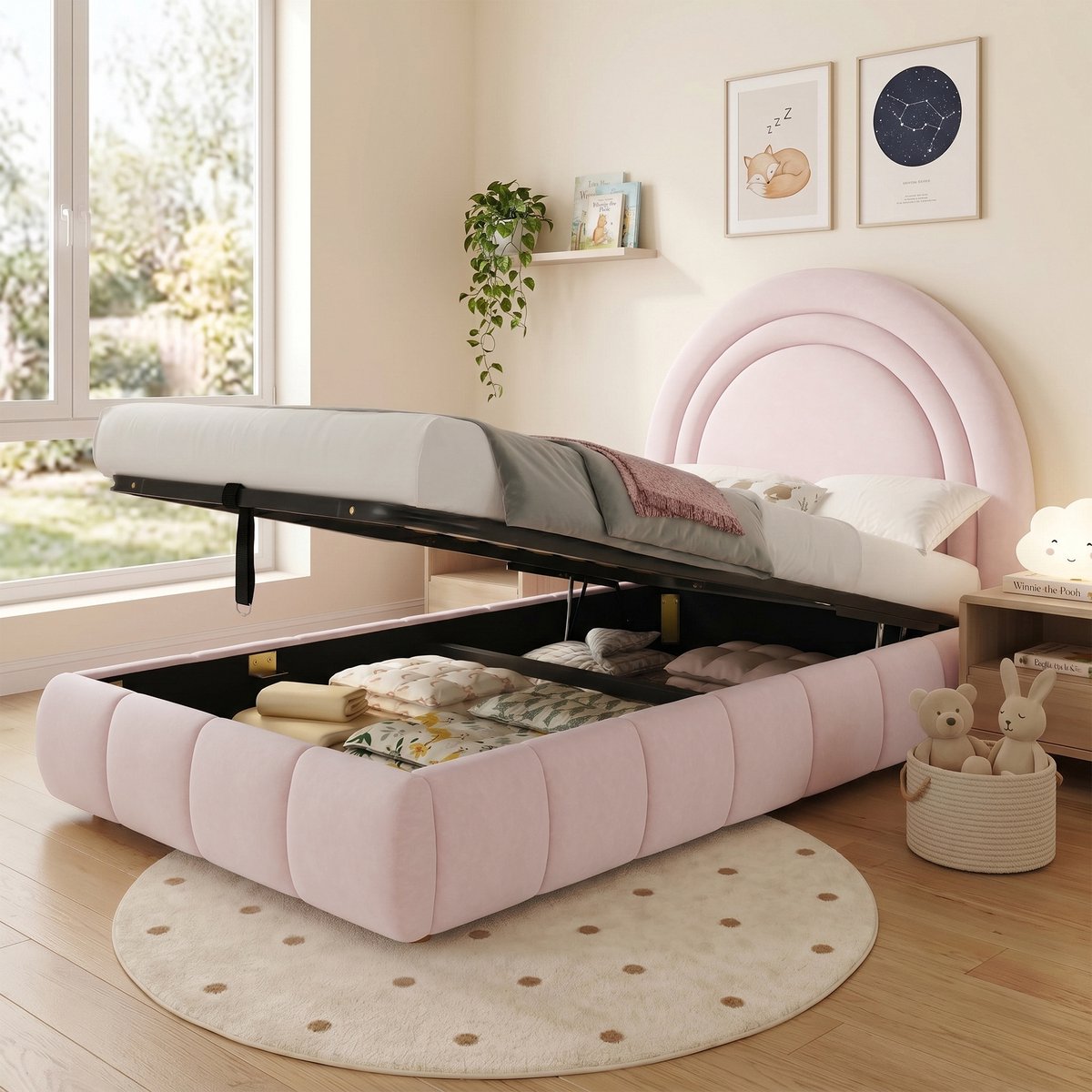 BLACKCOLORS Gestoffeerd bed, eenpersoonsbed, kinderbed 90 x 200 cm, hydraulisch functioneel bed, bed met lattenbodem, hoofdeinde en grote opbergruimte, gestoffeerd hoofdeinde, fluweel, roze