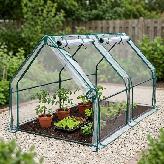 Kweekkas met groen frame en transparante hoes, geplaatst in een tuin met planten.