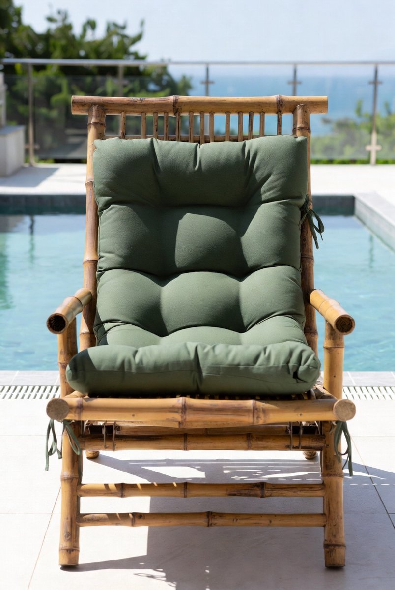 Bamboe Ligstoel met Kussen – Verstelbare Tuinligstoel (3 standen) – Comfortabele Relaxstoel voor Tuin, Terras & Strand – Outdoor Zonnebed Loungestoel Groen Industrohome Luxe