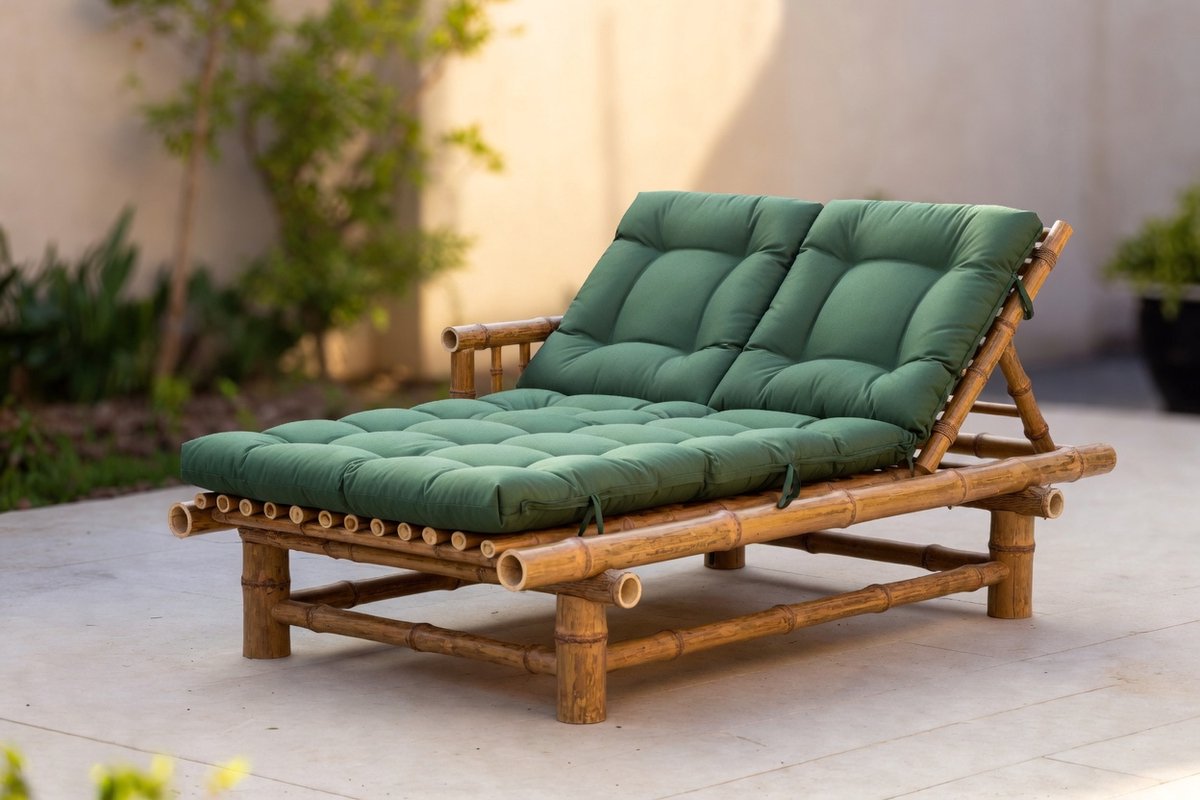 2-Persoons Luxe Bamboe Zonne-eiland Ligbed met Verstelbare Rugleuningen en Kussens voor Tuin & Terras – Industrohome