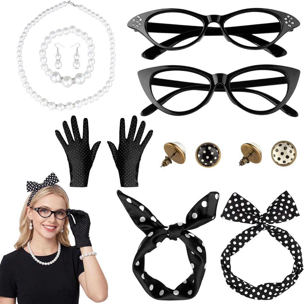 Vrouwelijke Rockabilly Accessoires Set van 12 Stukken voor Feestjes, Carnavals en Retro Outfits