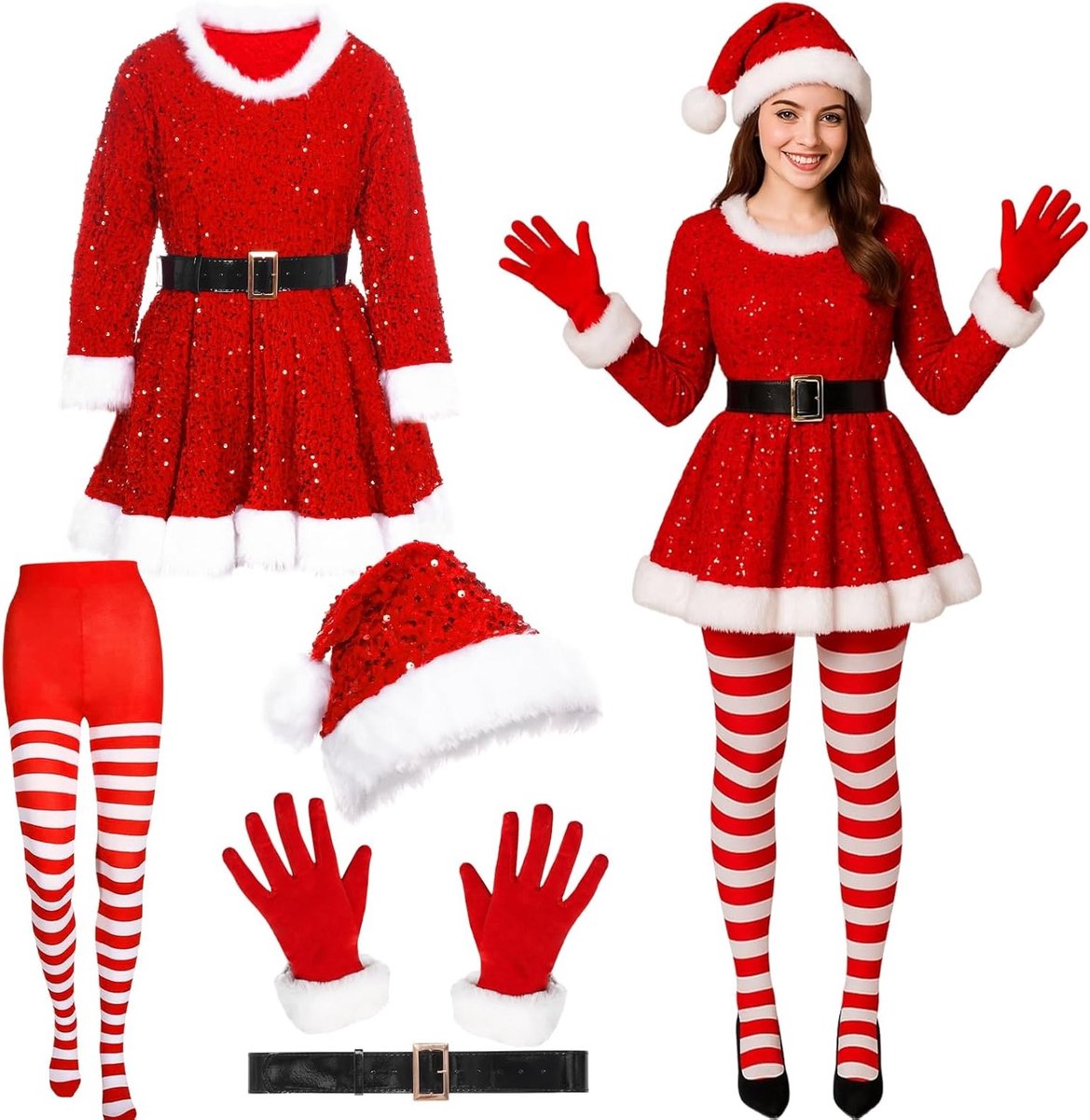 Vrouwelijk Kerstfeest Kostuum met Santa Hoed - Feestelijke Jurk voor Dames, Perfect voor Raveparty en Kerstvieringen