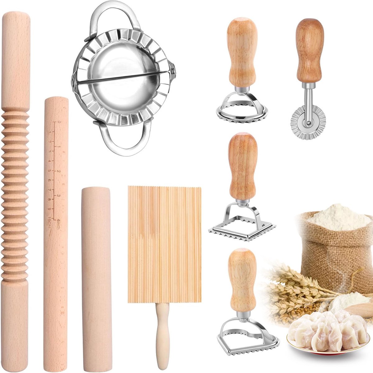 9-delige Pasta & Ravioli Maakset – Houten en RVS Pastamaker Gereedschap – DIY Dumpling, Ravioli & Pasta Set