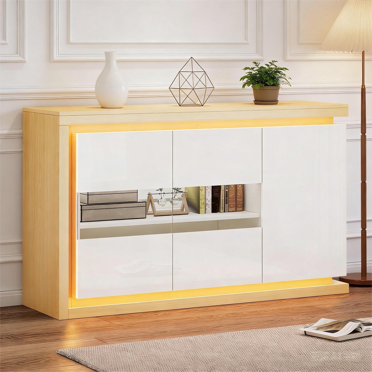 Sweiko Dressoir - Halmeubel - Hoogglans - LED-verlichting - Glazen deuren - 140 x 40 x 84 cm - Wit