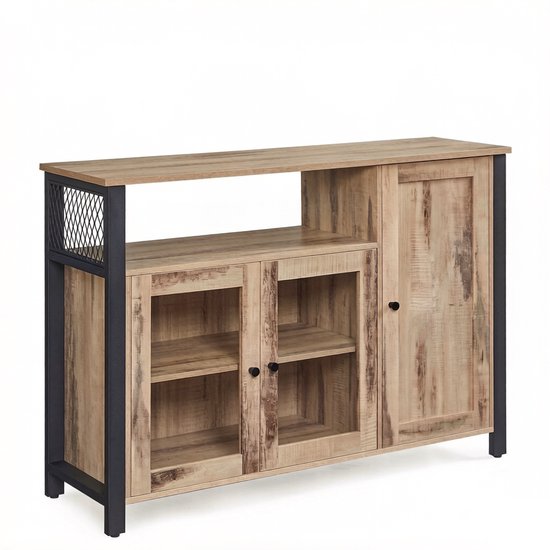 Opbergkast dressoir zijkast met 1 open opbergruimte 2 deuren van gehard glas en 1 houten deur stevig metalen frame geschikt voor woonkamer slaapkamer en keuken 110 x 33 x 75 cm grijs + zwart