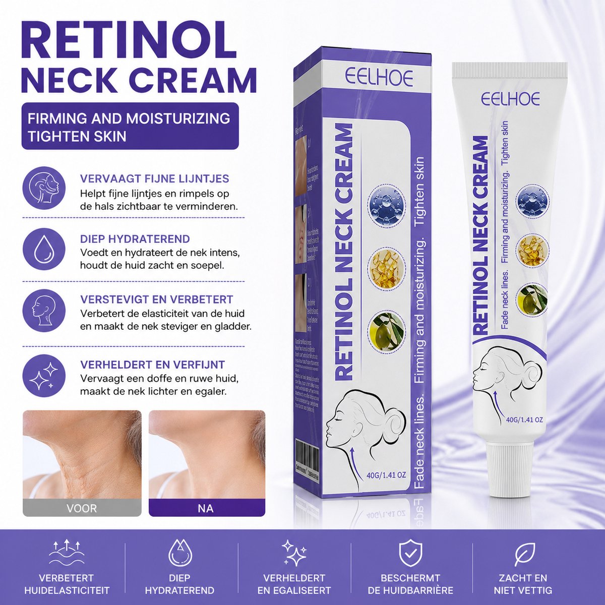 EELHOE Classic - Retinol Halscrème - Met Hyaluronzuur & Vitamine E - Tegen Neklijnen, Verstevigend & Hydraterend - Voor Alle Huidtypes - 40g