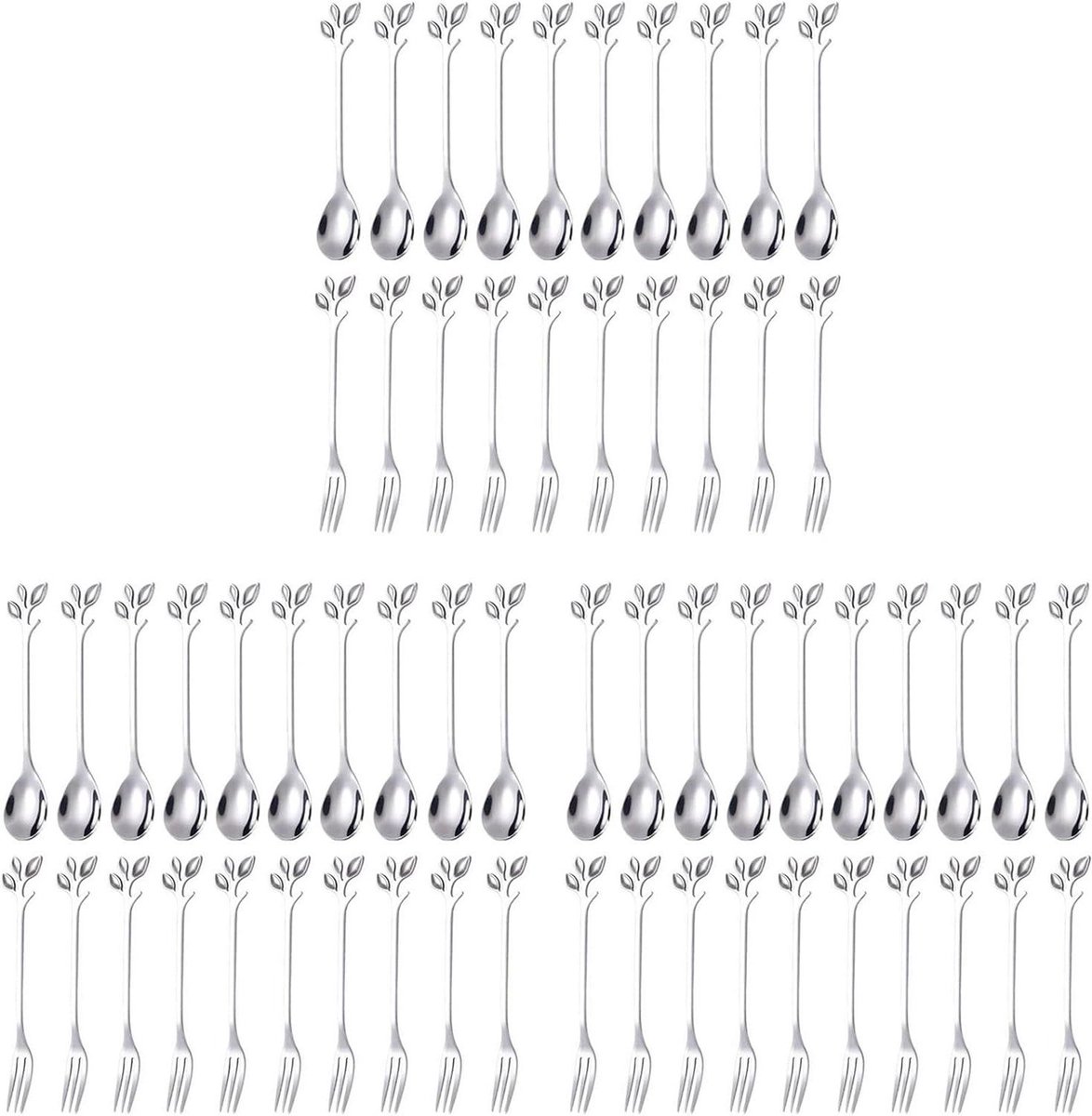 ISTOVO Dessertlepel Vork Set, 60 Stuks 4.7 Inch Taartvork, Koffielepel, Creatieve Zilverblad Fruitvork, (30 + 30 Vork)