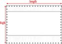 Technisch schema van een rechthoekig zeil met aanduidingen voor "length" en "high" en rondom oogringen.